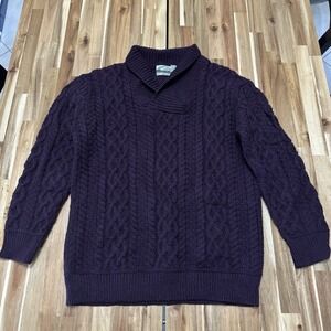 Aran Crafts Sweater Mens L Purple Shawl Collar Merino Wool Cable Knit Ireland